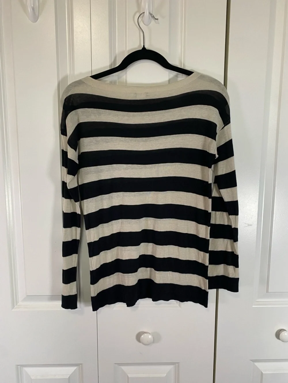 J. Crew Black and Cream Striped Scoop-Neck Sweater